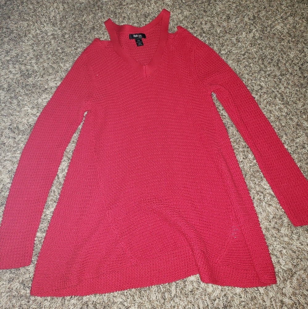 Red knit cold shoulder sweater
